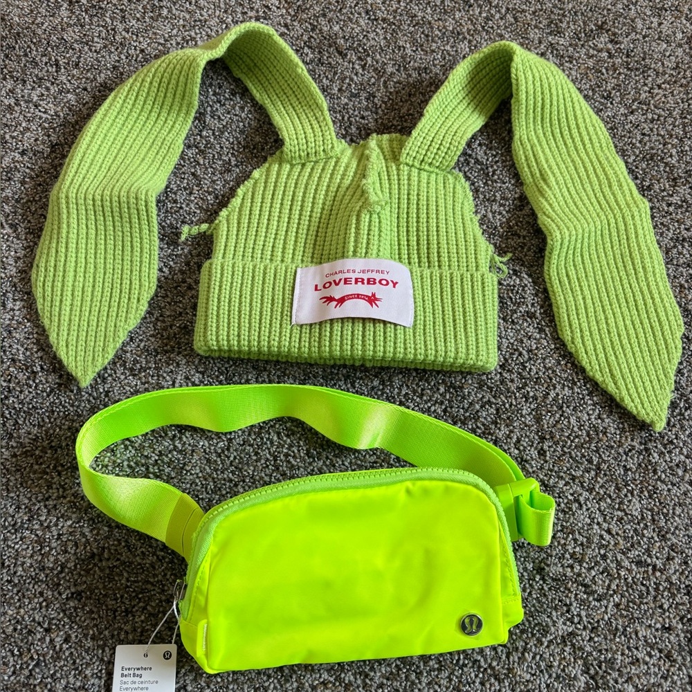Festival vibes green Charles Jeffrey loverboy bunny ear beanie and lululemon bag